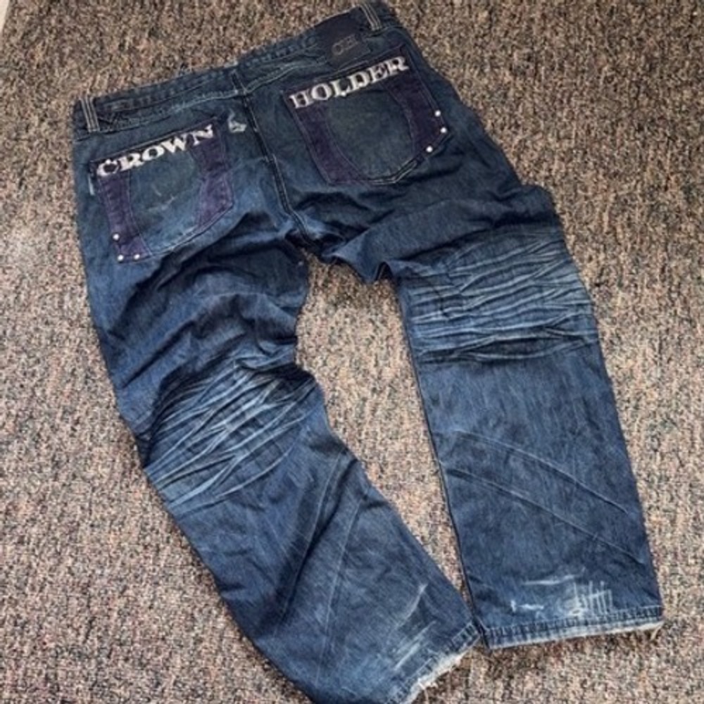 Vintage Crown Holder Mens Baggy Distressed Embroidered Jeans Dark Wash Y2K 44/35